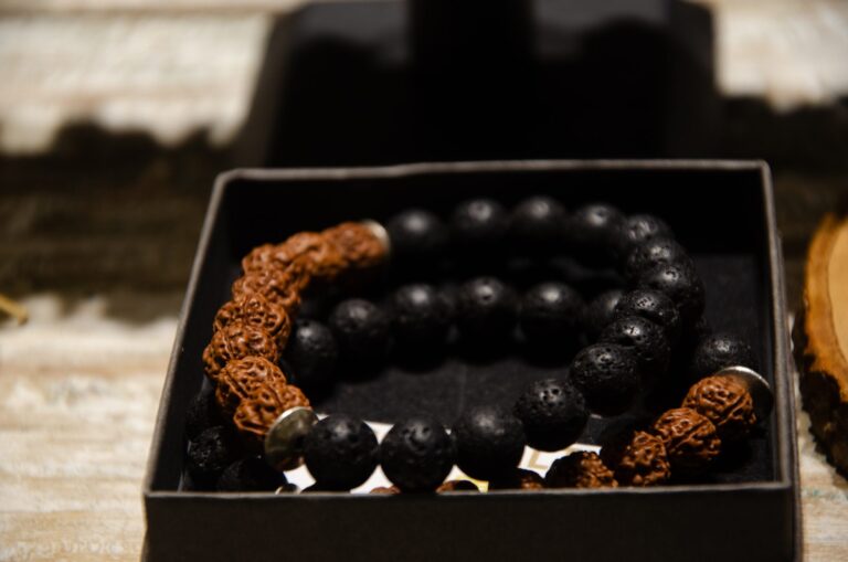 Black bead bracelet in a black box