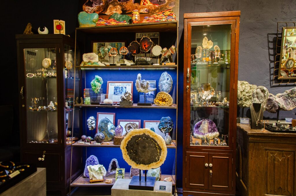 Cabinets filled with minerals at the Fe2 Crystals gallery