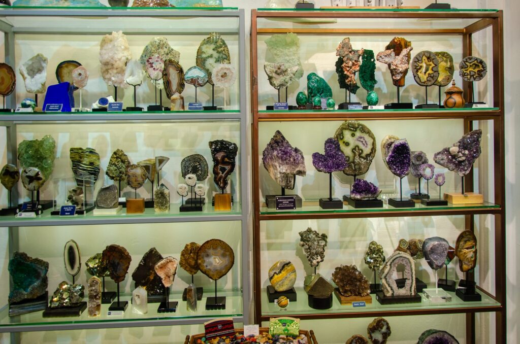 Shelves of crystals and minerals on stands at the gallery