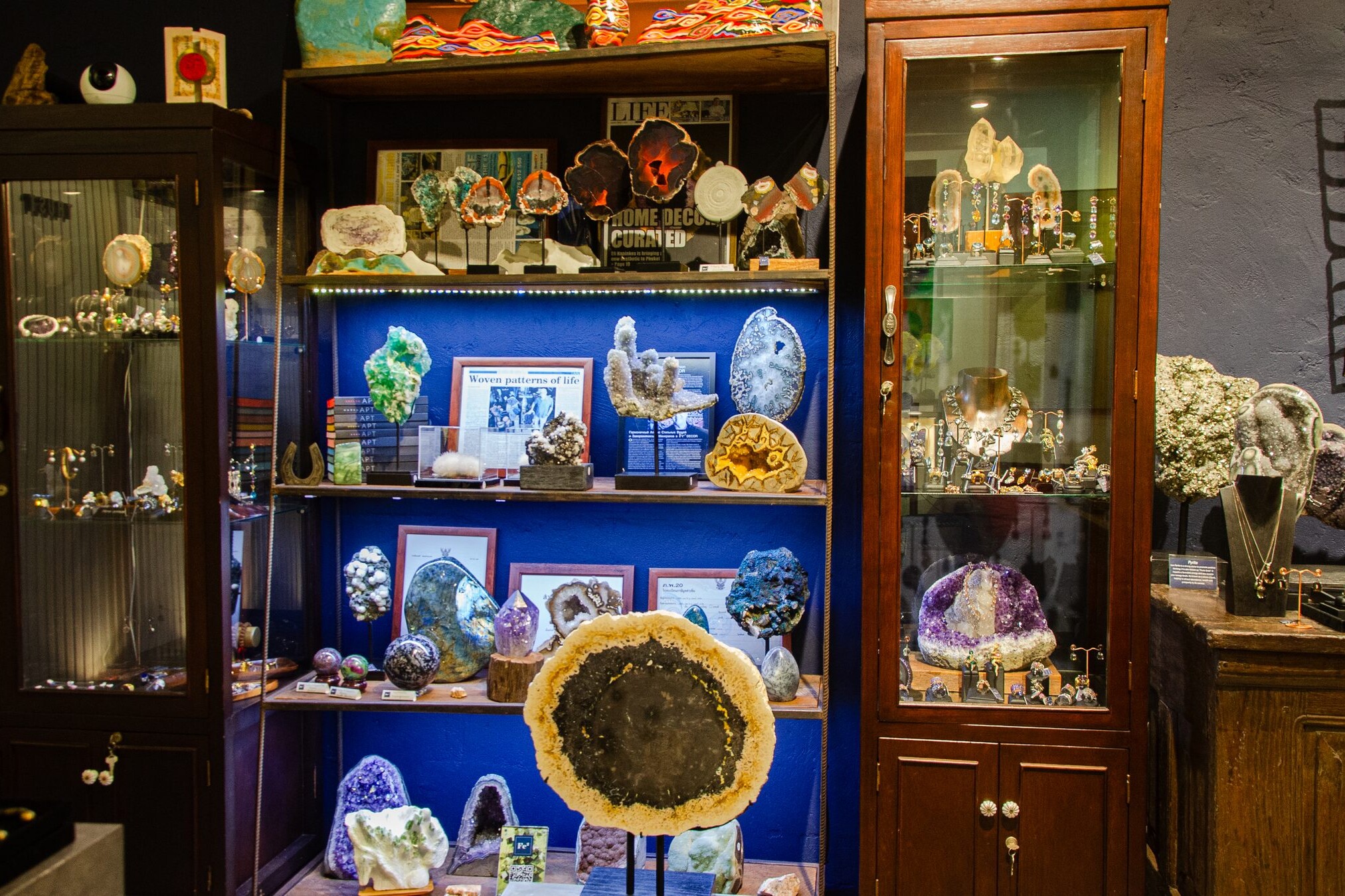 Display cabinets of crystals and minerals at Fe2 Crystal Gallery, Phuket