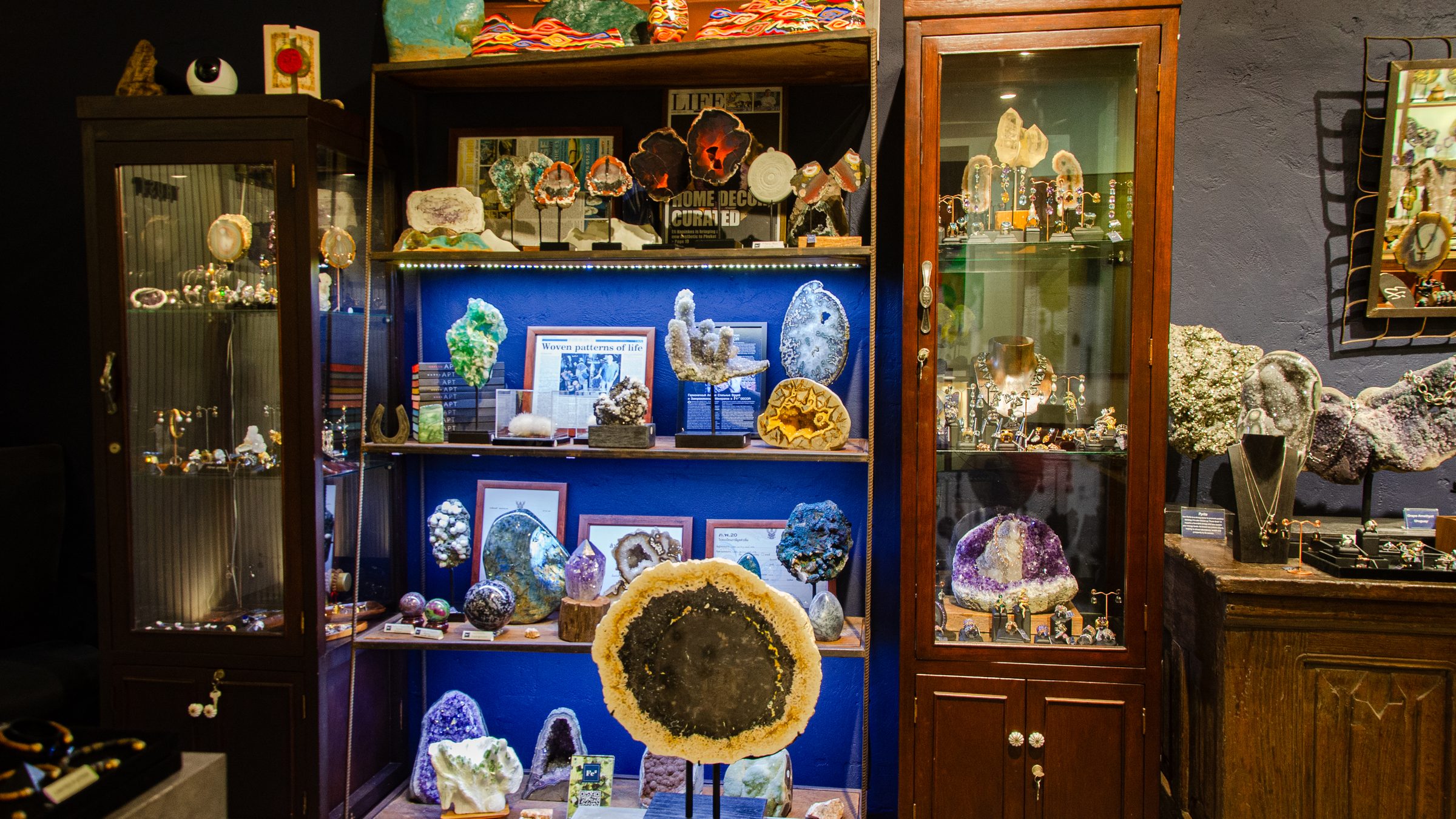 Display cabinets of crystals and minerals at Fe2 Crystal Gallery, Phuket